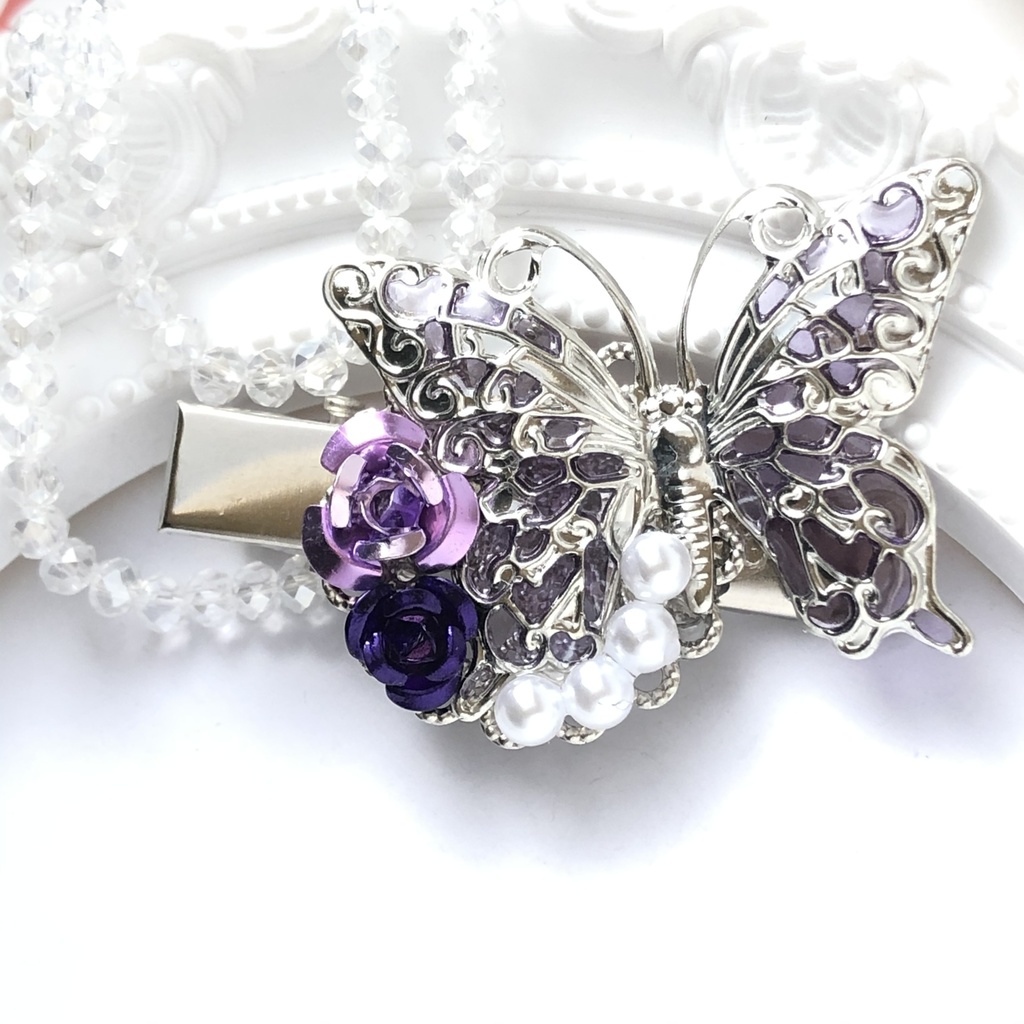 紫の蝶と薔薇ヘアクリップ