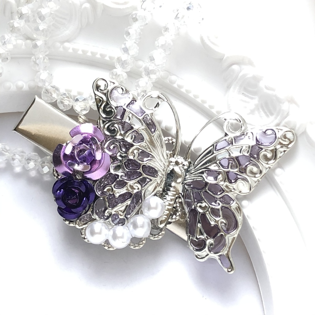 紫の蝶と薔薇ヘアクリップ