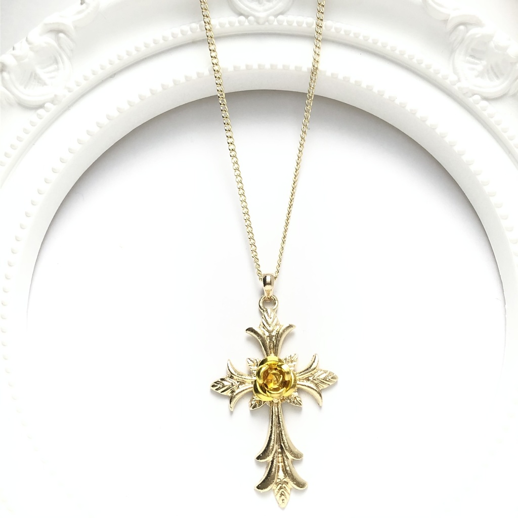 十字架と黄色の薔薇ネックレス