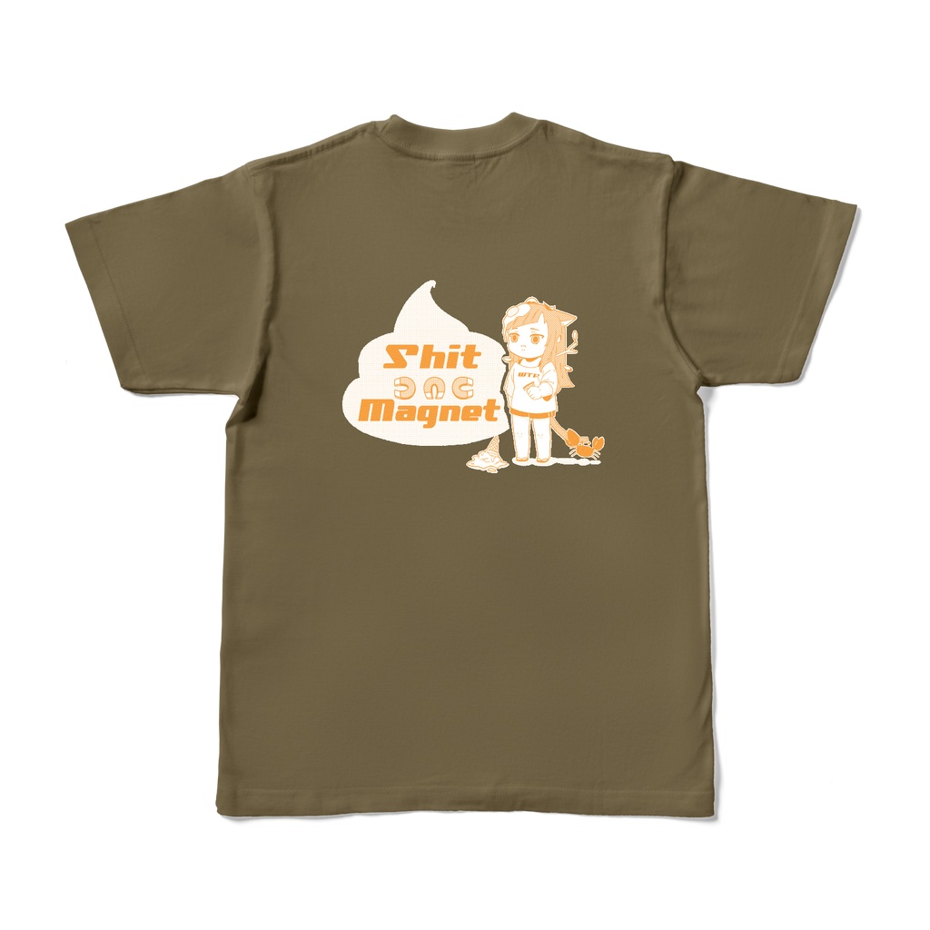 【猫耳オリジナルキャラ】Shit Magnet カラーTシャツ【オリーブ×オレンジ】