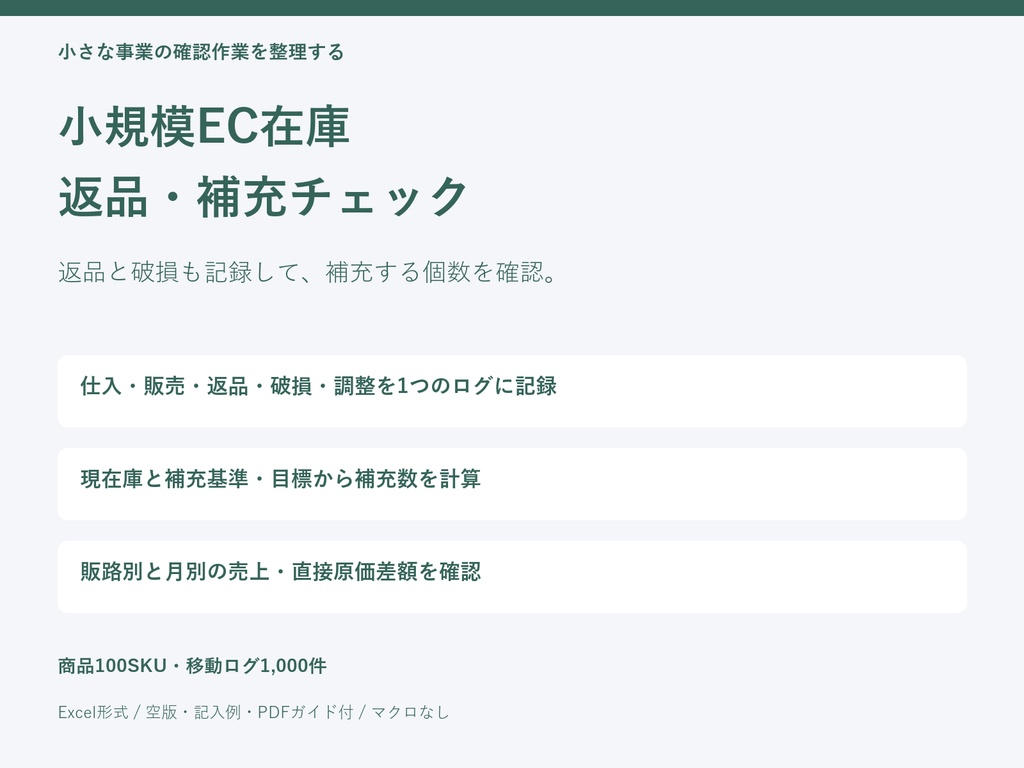 小規模EC在庫・返品・補充チェックシート|Excelテンプレート・空版と記入例・PDFガイド付