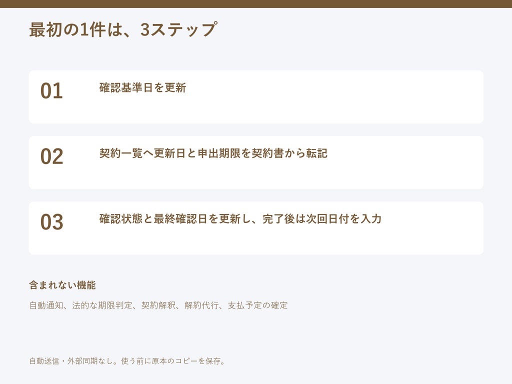 契約更新・解約申出期限チェックシート|Excelテンプレート・空版と記入例・PDFガイド付