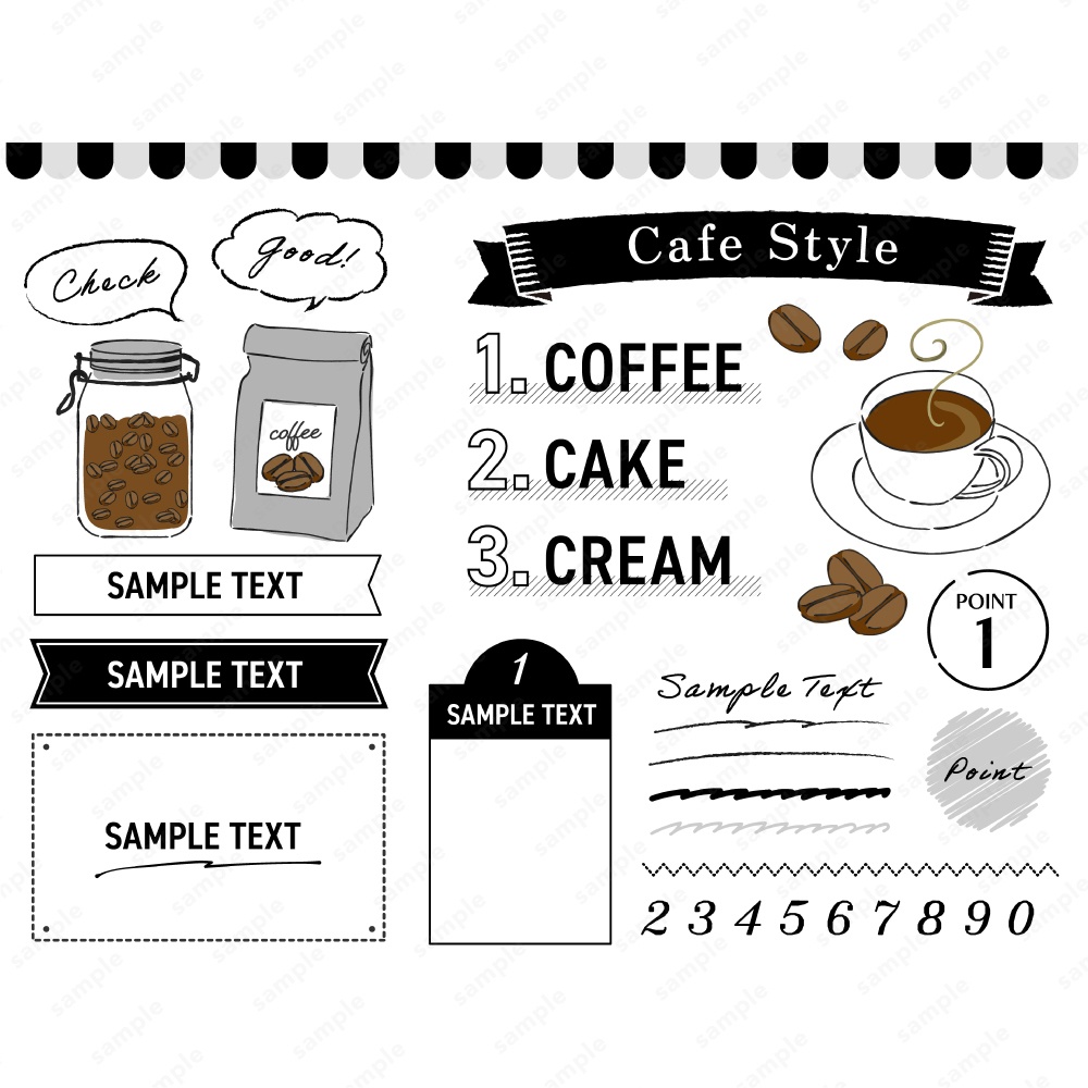 カフェスタイルのシンプルなあしらいフレーム イラスト コーヒー モノクロ