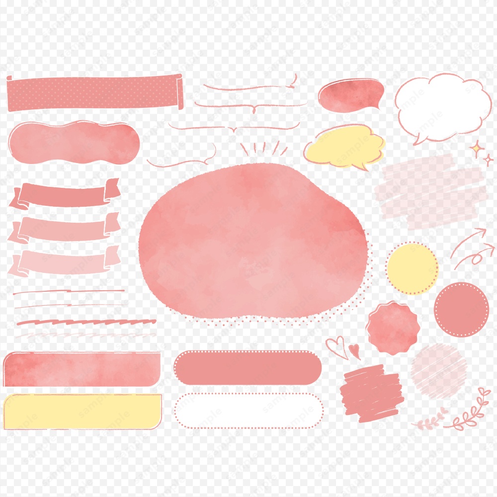 ゆるかわ水彩風デザインフレームイラストセット ピンク
