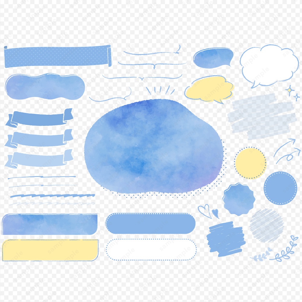 ゆるかわ水彩風デザインフレームイラストセット ブルー