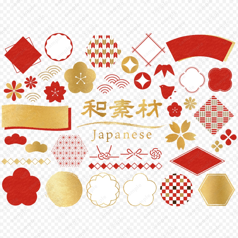 和風のアイコン 柄 フレーム イラストデザインのセット 赤