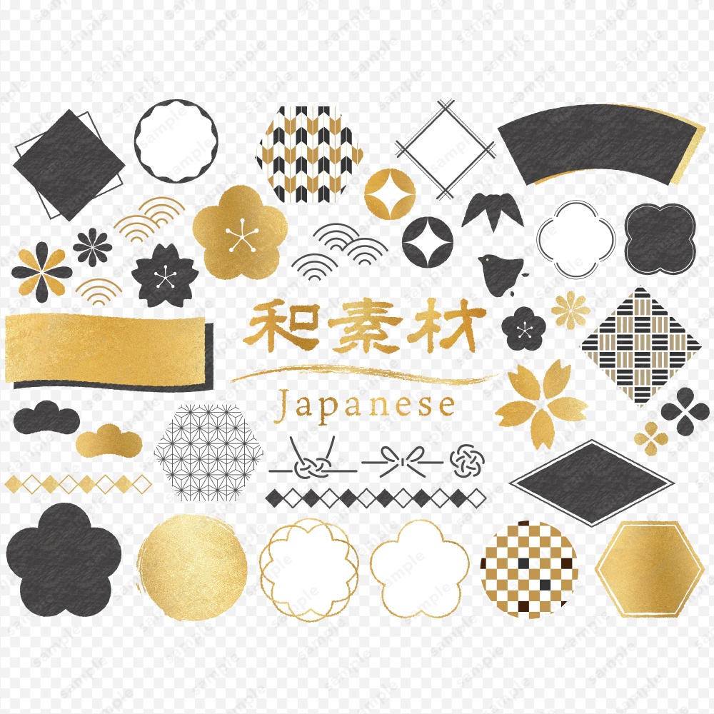 和風のアイコン 柄 フレーム イラストデザインのセット 黒