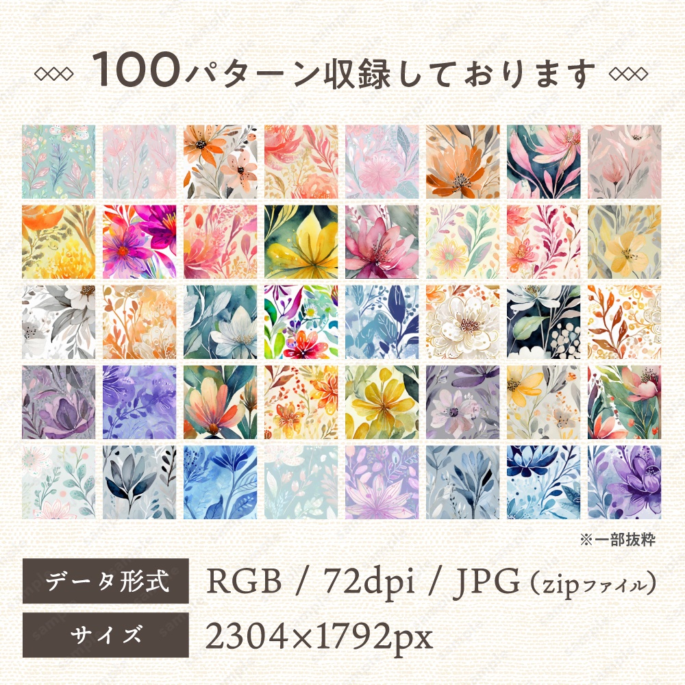 【背景素材】上品でおしゃれな水彩風の花柄100枚セット