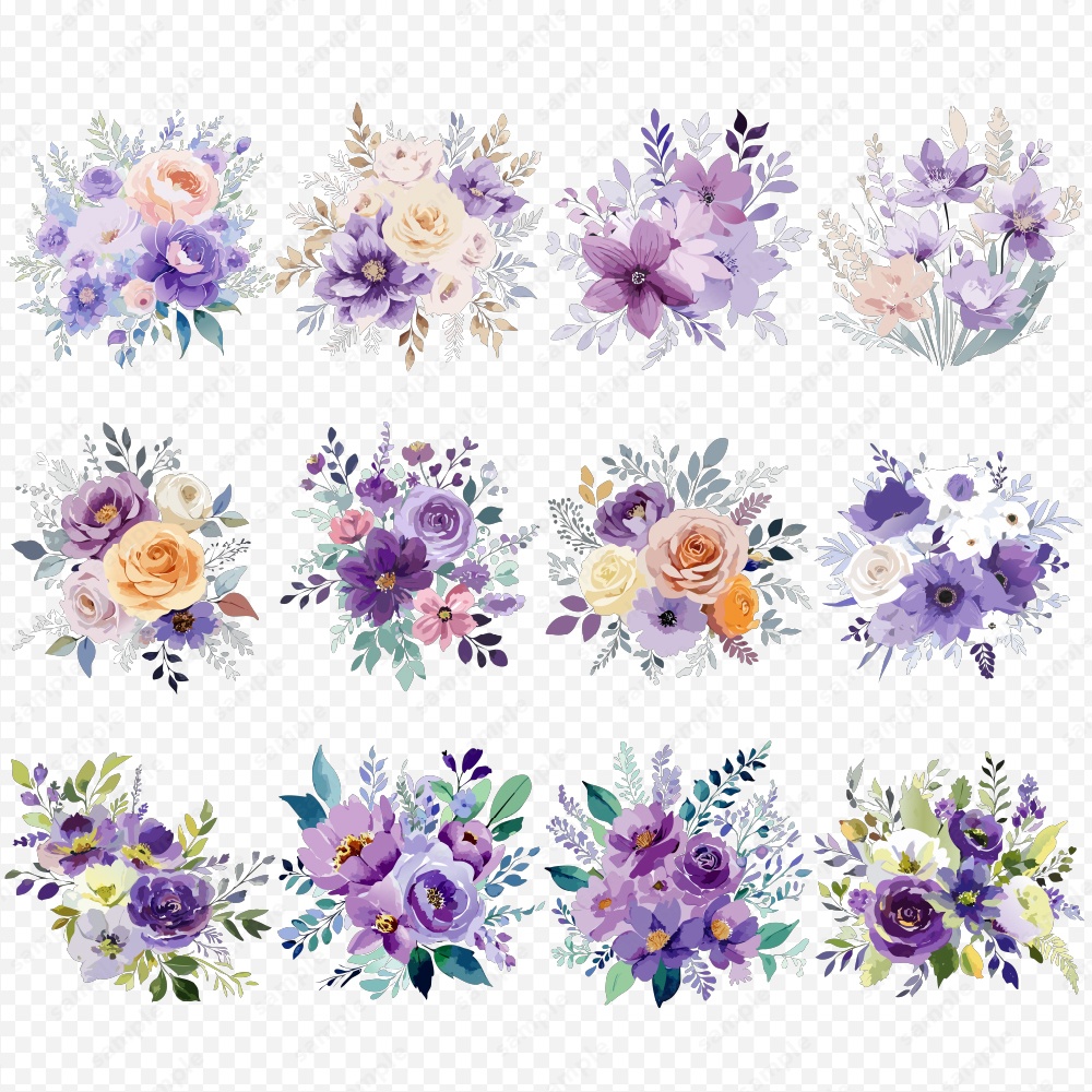 【透過素材】カラフルな水彩風の花 / フラワーブーケの素材60点セット