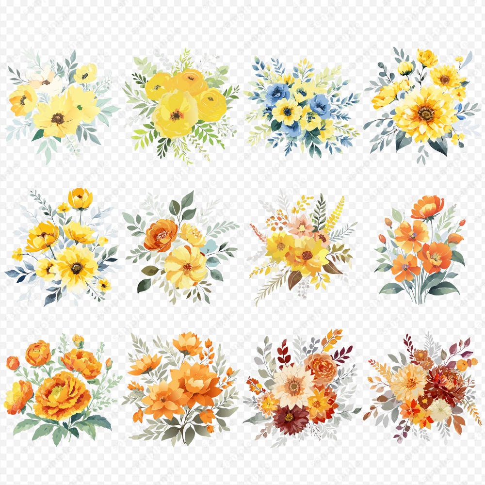 【透過素材】カラフルな水彩風の花 / フラワーブーケの素材60点セット