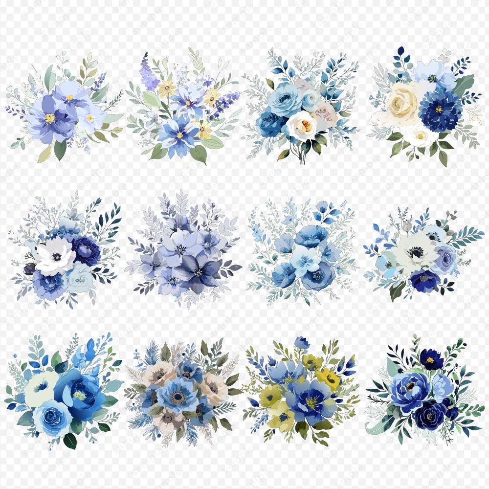 【透過素材】カラフルな水彩風の花 / フラワーブーケの素材60点セット