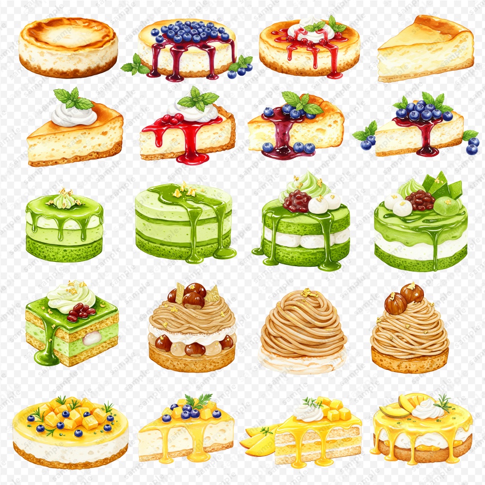 【透過素材】ケーキの色々な水彩風のイラスト / PNGスイーツ素材100点セット