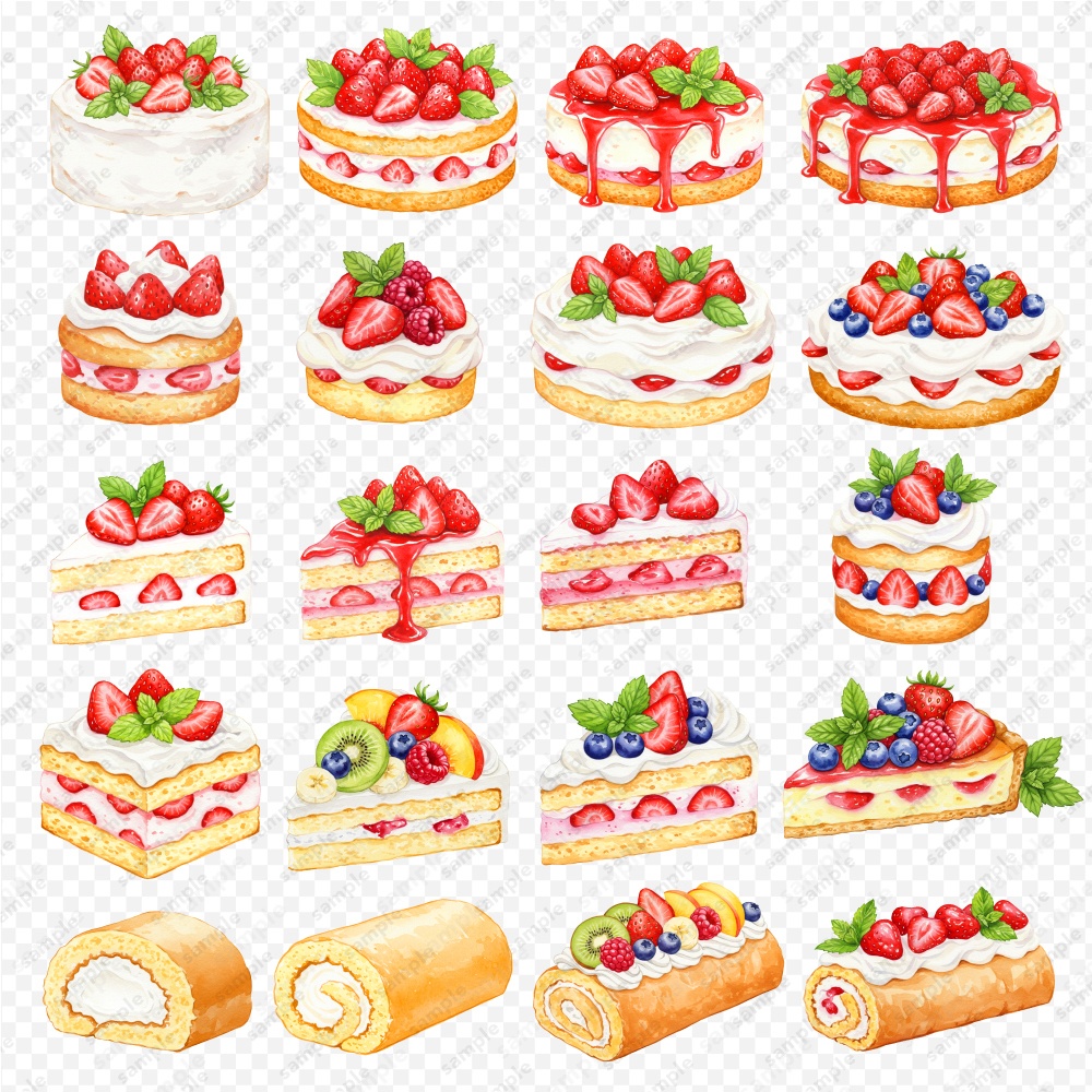 【透過素材】ケーキの色々な水彩風のイラスト / PNGスイーツ素材100点セット