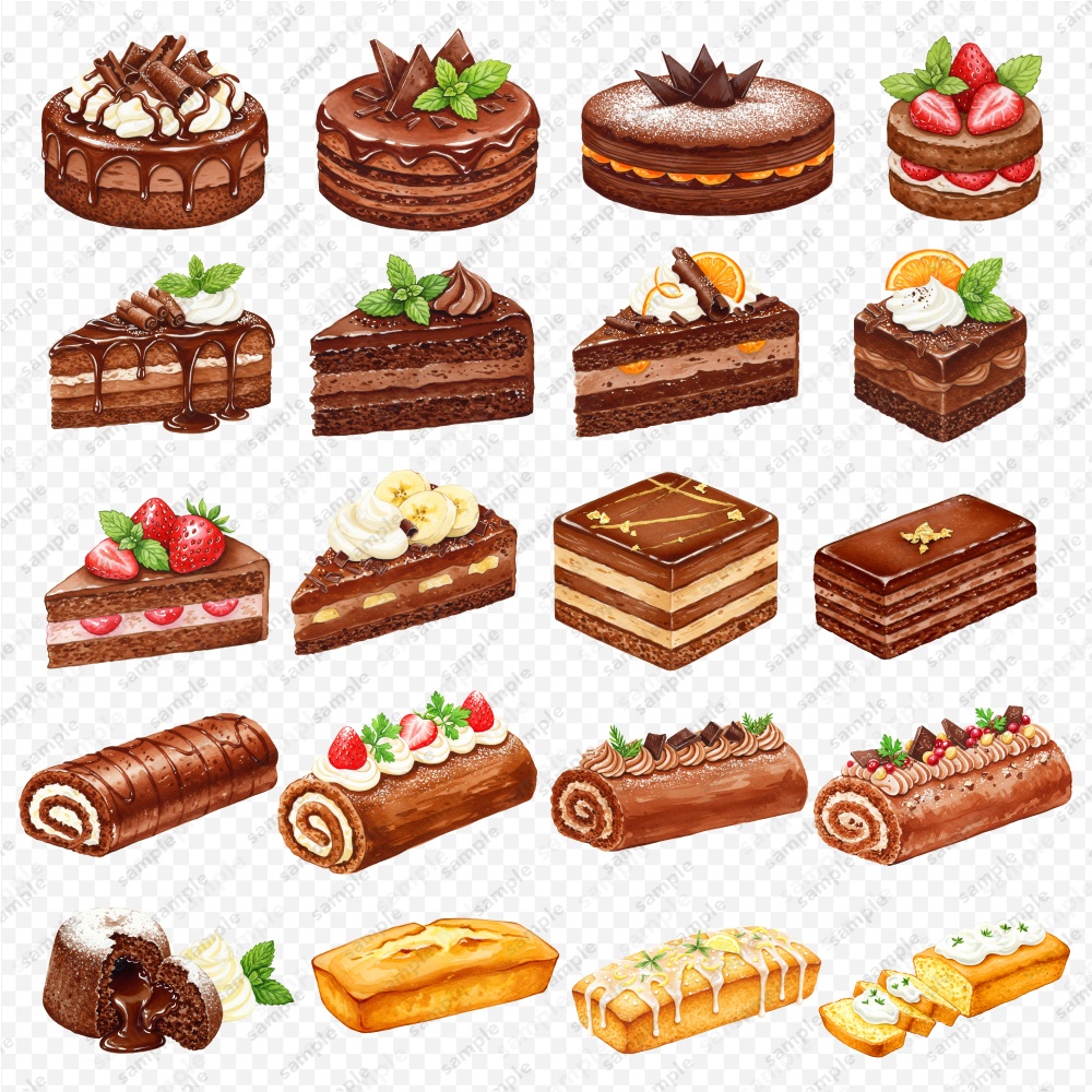 【透過素材】ケーキの色々な水彩風のイラスト / PNGスイーツ素材100点セット