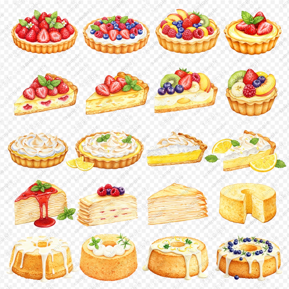 【透過素材】ケーキの色々な水彩風のイラスト / PNGスイーツ素材100点セット