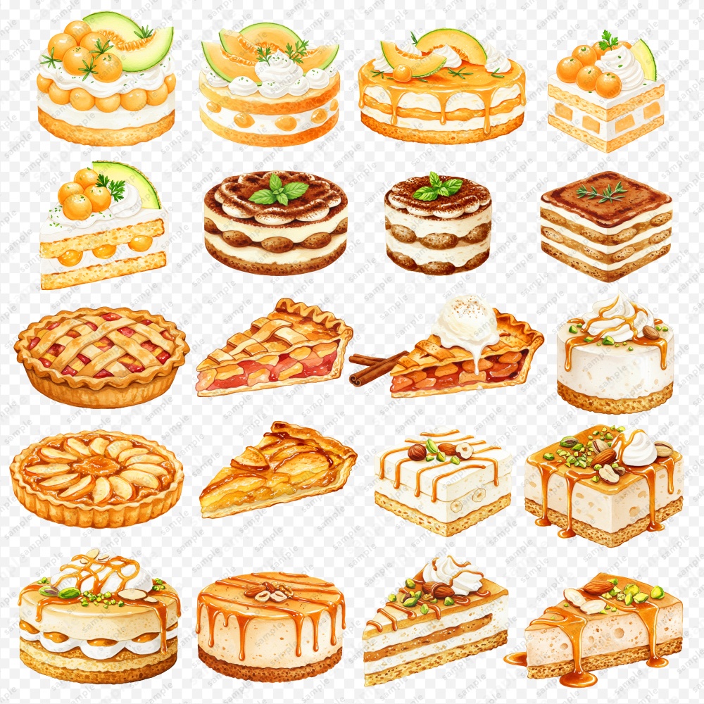 【透過素材】ケーキの色々な水彩風のイラスト / PNGスイーツ素材100点セット