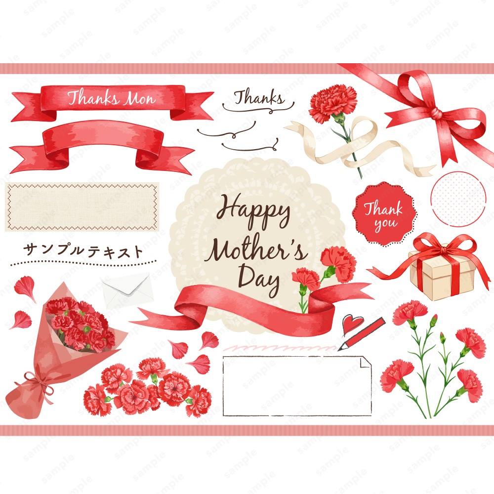 母の日の赤いカーネーションの花束と様々なリボンのデザインあしらいフレームセット おしゃれな手書き水彩風のイラスト