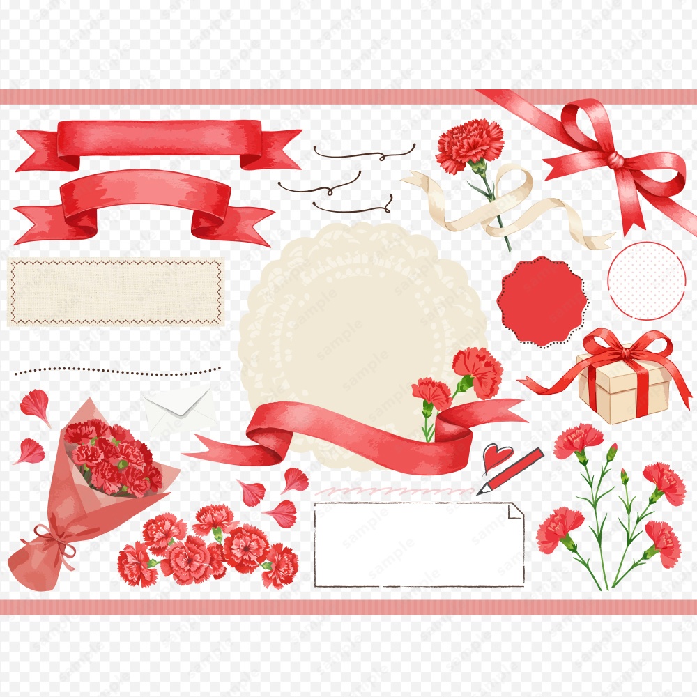 母の日の赤いカーネーションの花束と様々なリボンのデザインあしらいフレームセット おしゃれな手書き水彩風のイラスト