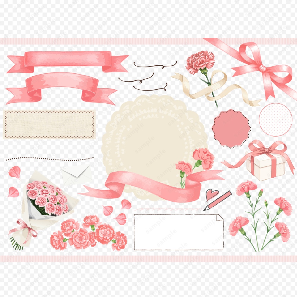母の日のピンクのカーネーションの花束と様々なリボンのデザインあしらいフレームセット おしゃれな手書き水彩風のイラスト