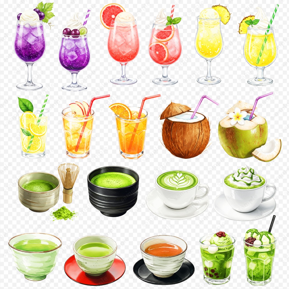 【透過素材】飲み物の色々な水彩風のイラスト / PNG素材ドリンク100点セット