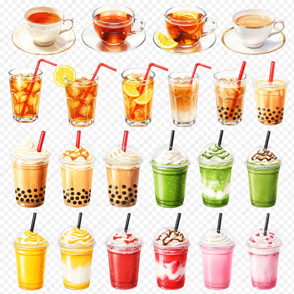 【透過素材】飲み物の色々な水彩風のイラスト / PNG素材ドリンク100点セット