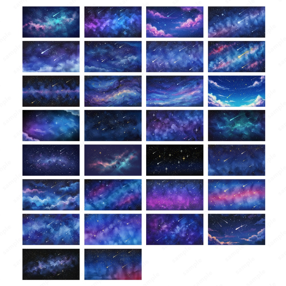 【背景素材】流星とキラキラした幻想的な夜空の水彩イラスト50枚セット