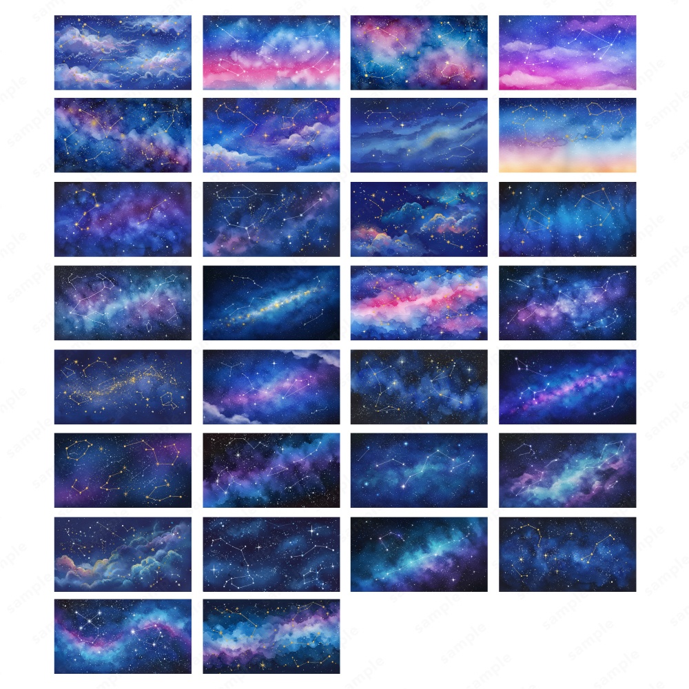 【背景素材】星座とキラキラした幻想的な夜空の水彩イラスト50枚セット