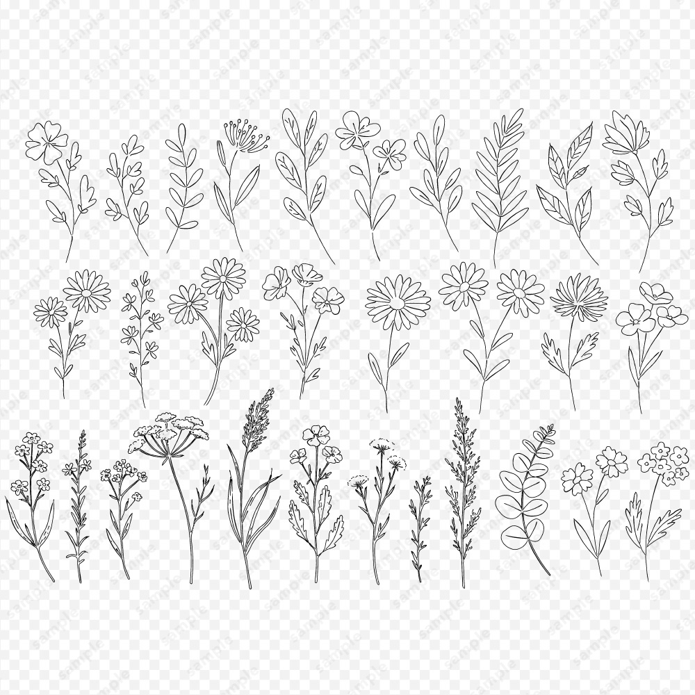 【透過素材】ボタニカルな草花のラインアート素材120パターン