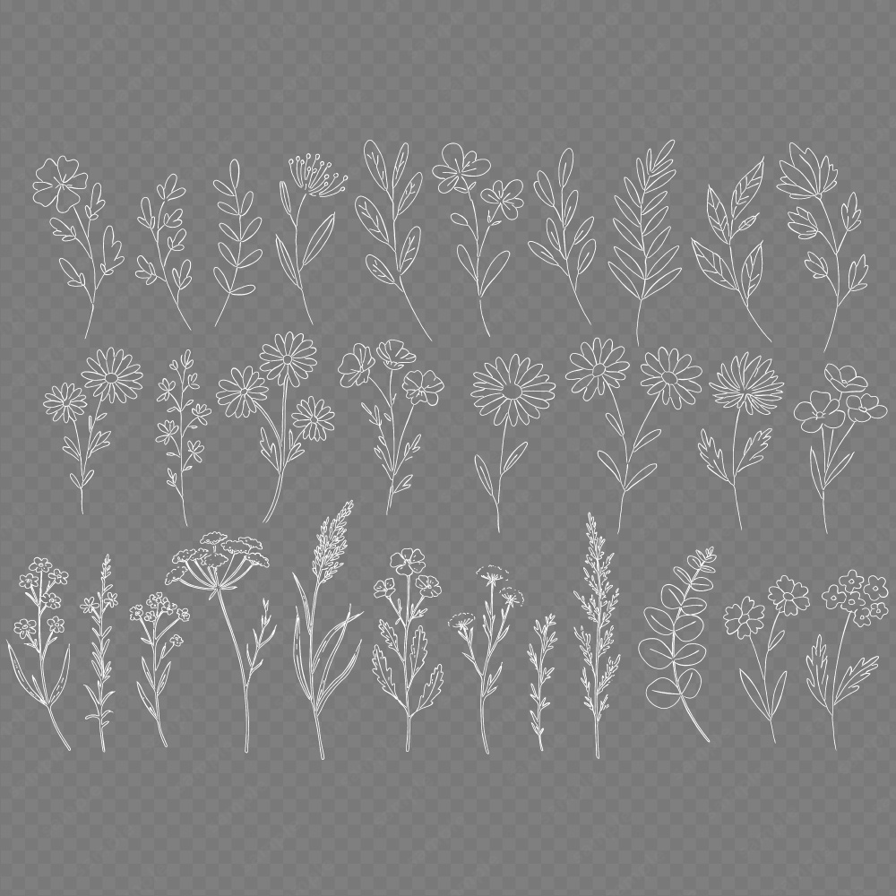 【透過素材】ボタニカルな草花のラインアート素材120パターン