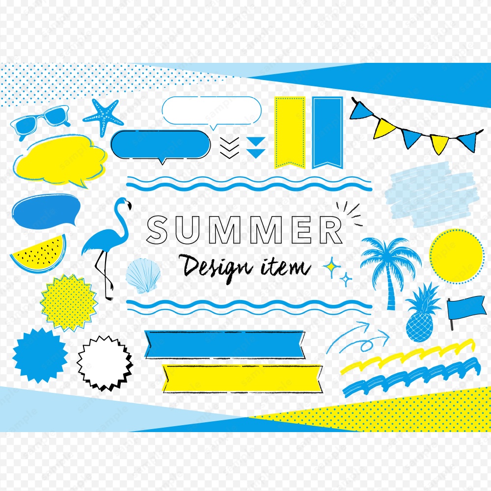 爽やかな夏のデザインフレームイラストセット ブルー/イエロー