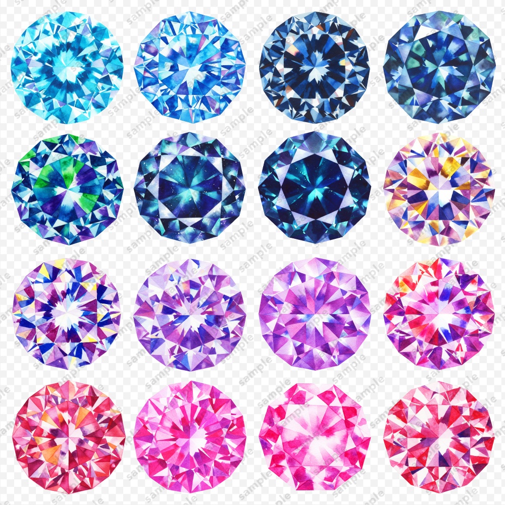 【透過素材】宝石の水彩風イラスト / ディープカラー / PNG素材100点セット