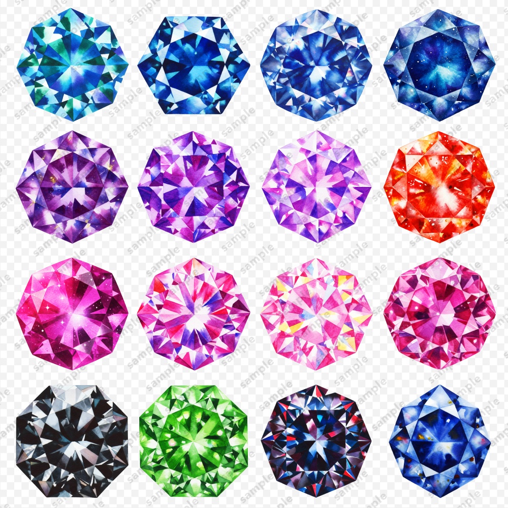 【透過素材】宝石の水彩風イラスト / ディープカラー / PNG素材100点セット