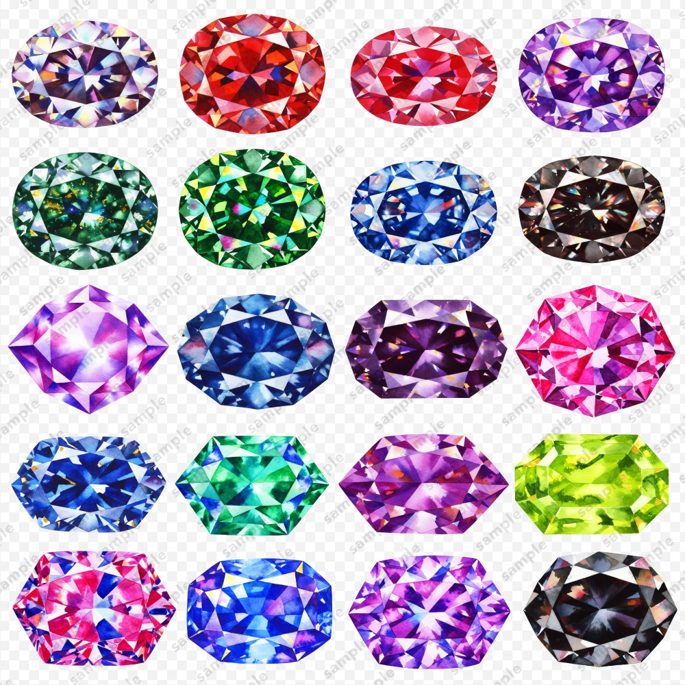 【透過素材】宝石の水彩風イラスト / ディープカラー / PNG素材100点セット