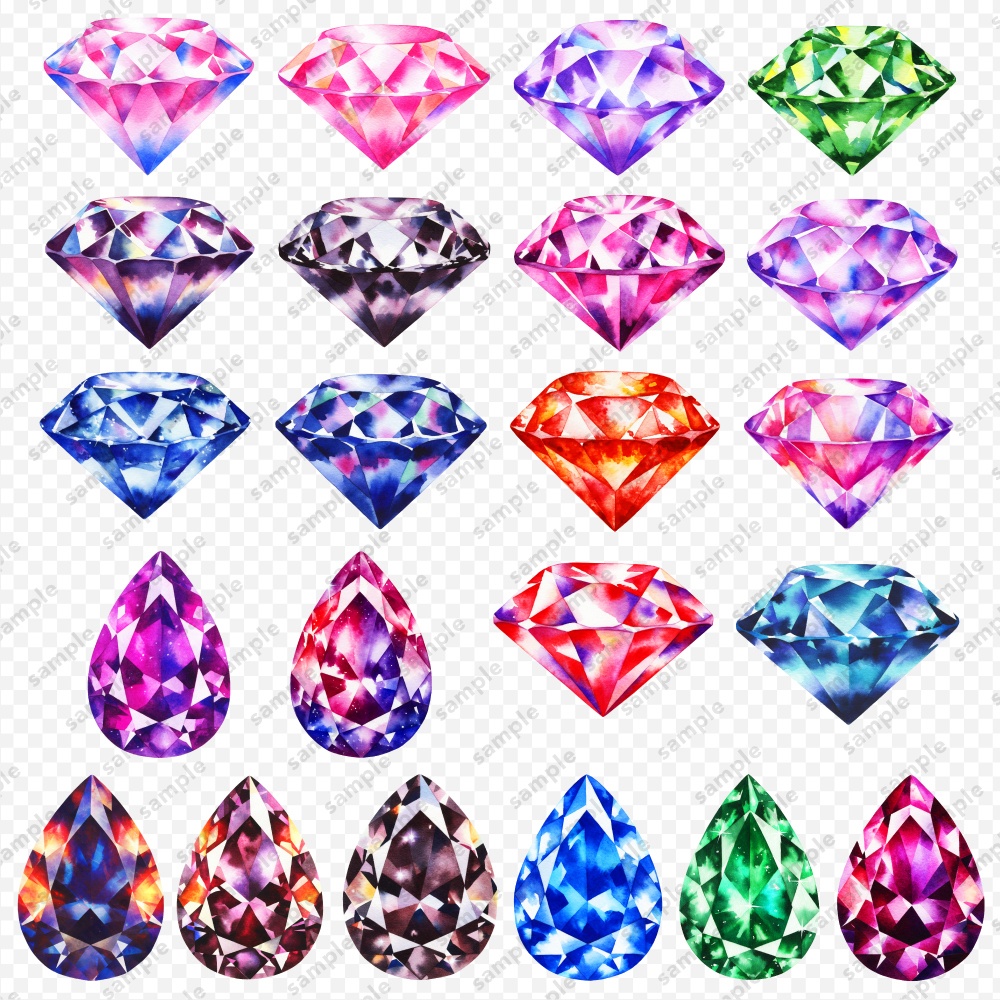 【透過素材】宝石の水彩風イラスト / ディープカラー / PNG素材100点セット