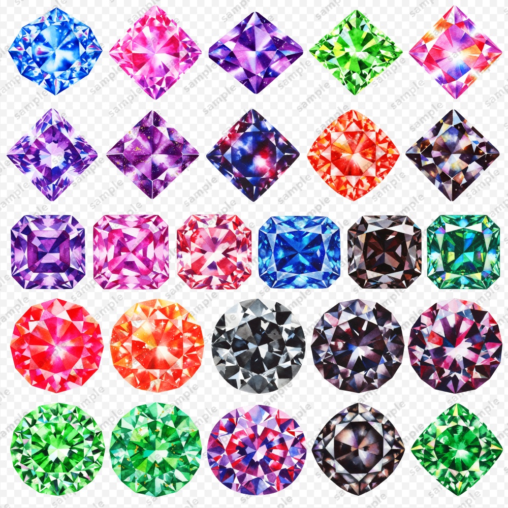【透過素材】宝石の水彩風イラスト / ディープカラー / PNG素材100点セット