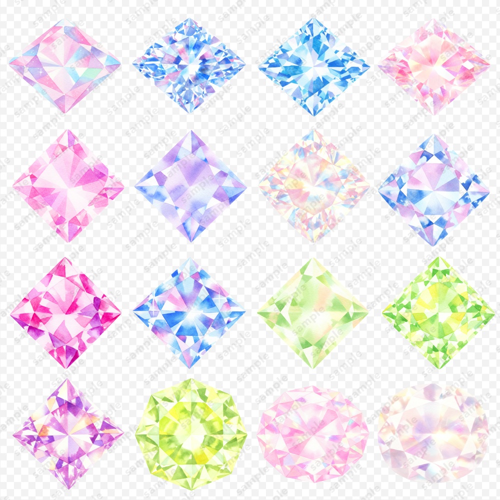 【透過素材】宝石の水彩風イラスト / パステルカラー / PNG素材100点セット