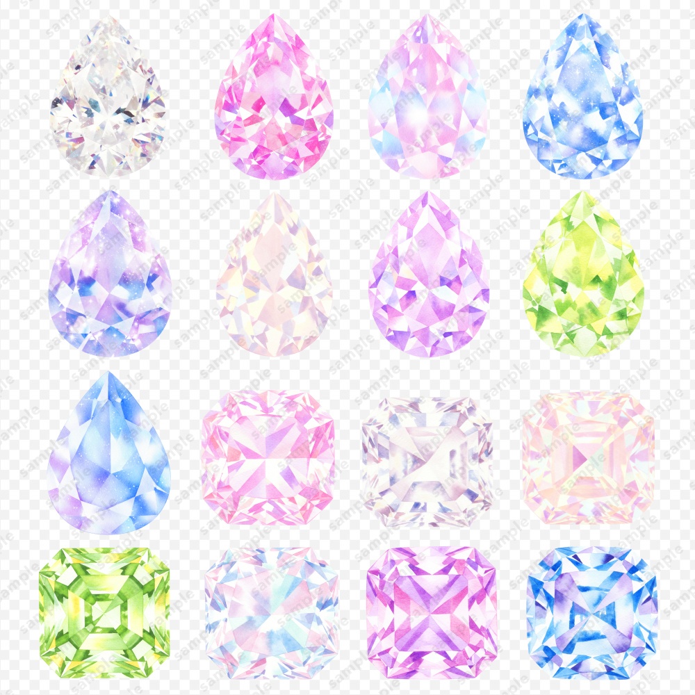 【透過素材】宝石の水彩風イラスト / パステルカラー / PNG素材100点セット