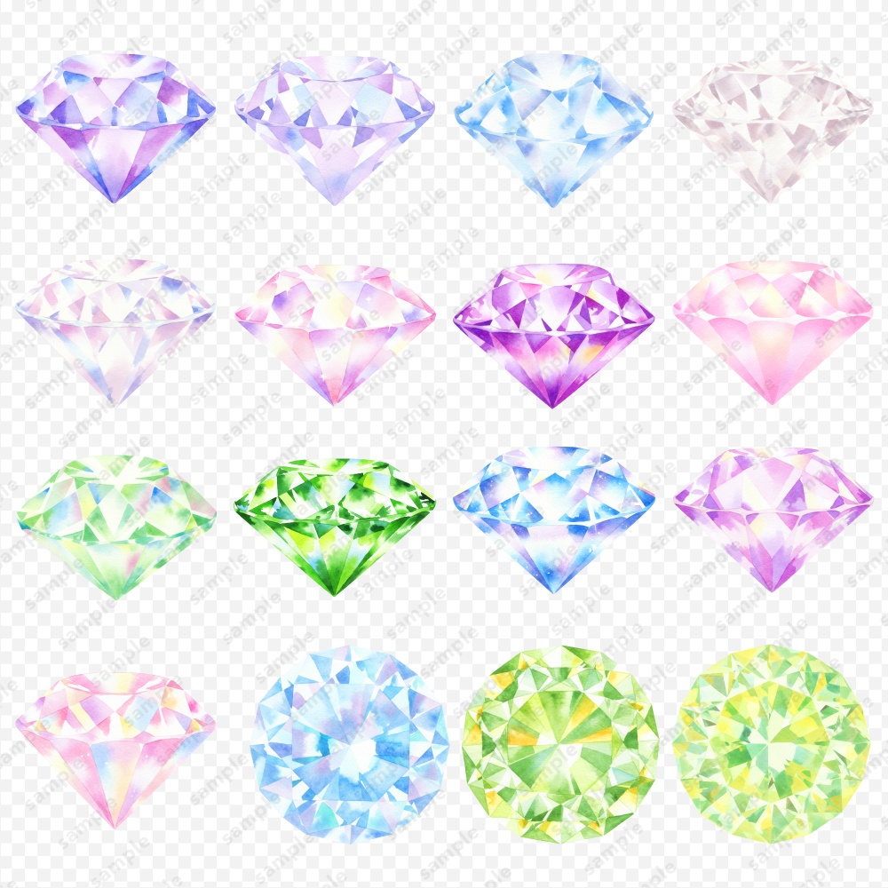 【透過素材】宝石の水彩風イラスト / パステルカラー / PNG素材100点セット