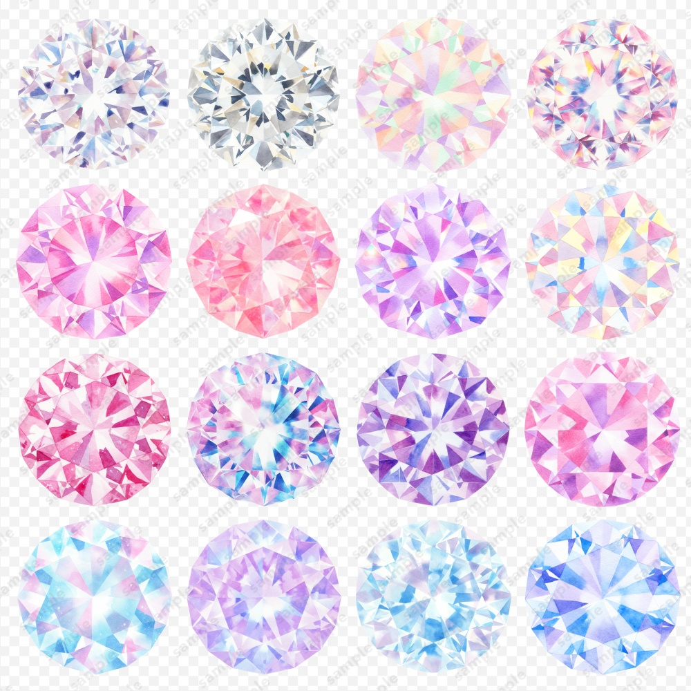 【透過素材】宝石の水彩風イラスト / パステルカラー / PNG素材100点セット