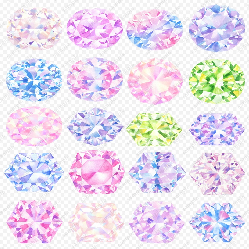 【透過素材】宝石の水彩風イラスト / パステルカラー / PNG素材100点セット