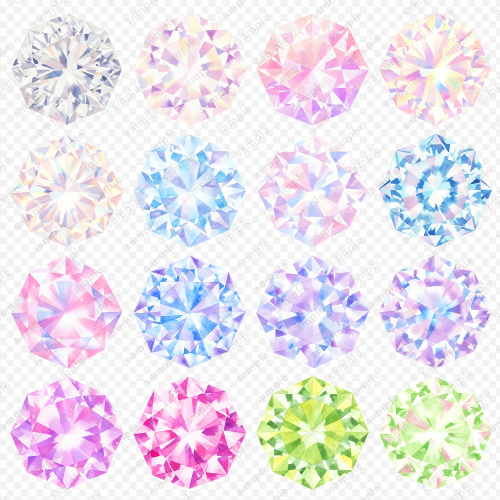 【透過素材】宝石の水彩風イラスト / パステルカラー / PNG素材100点セット