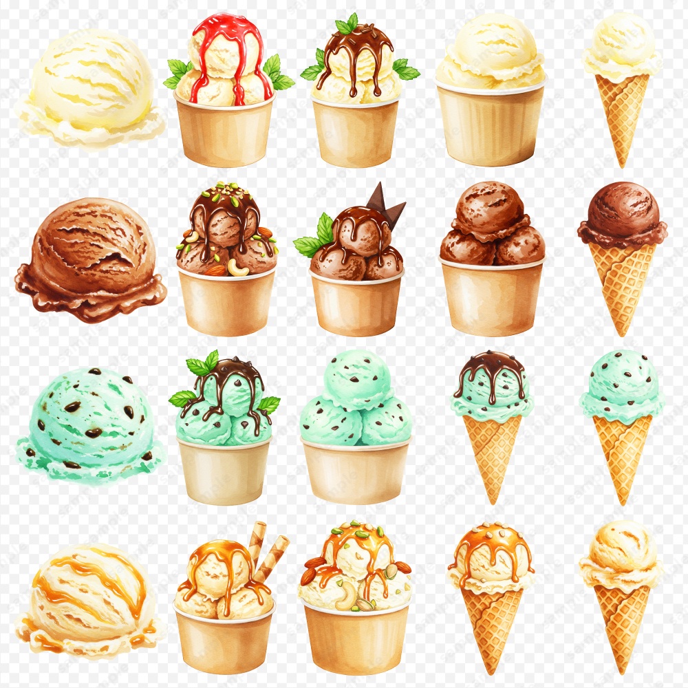 【透過素材】アイスの色々な水彩風のイラスト / PNG素材100点セット