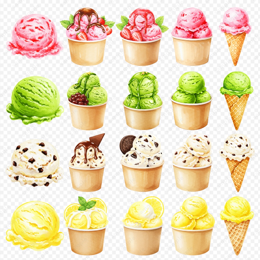 【透過素材】アイスの色々な水彩風のイラスト / PNG素材100点セット