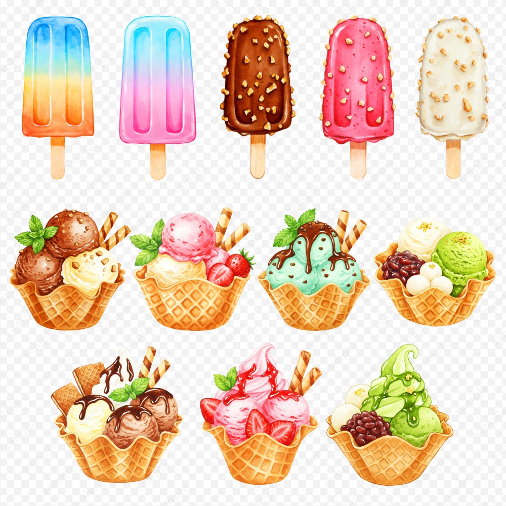 【透過素材】アイスの色々な水彩風のイラスト / PNG素材100点セット