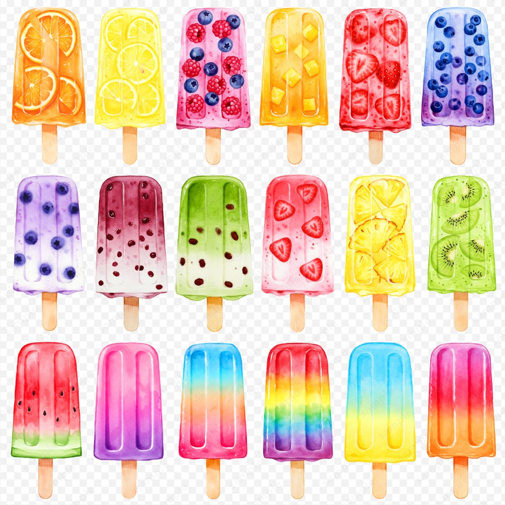 【透過素材】アイスの色々な水彩風のイラスト / PNG素材100点セット