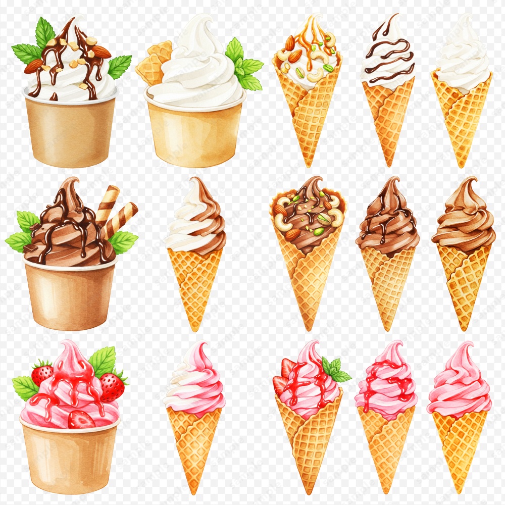 【透過素材】アイスの色々な水彩風のイラスト / PNG素材100点セット