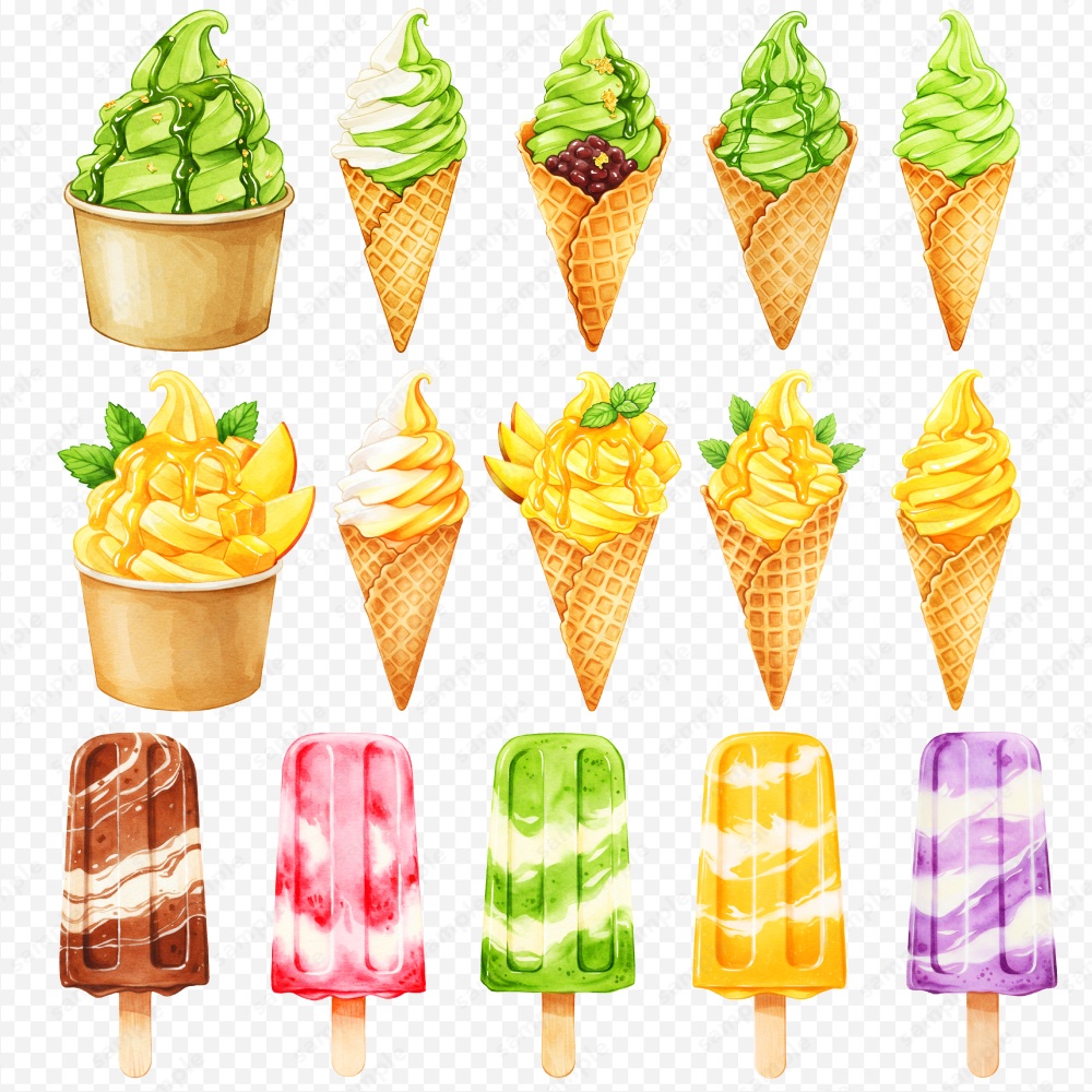 【透過素材】アイスの色々な水彩風のイラスト / PNG素材100点セット