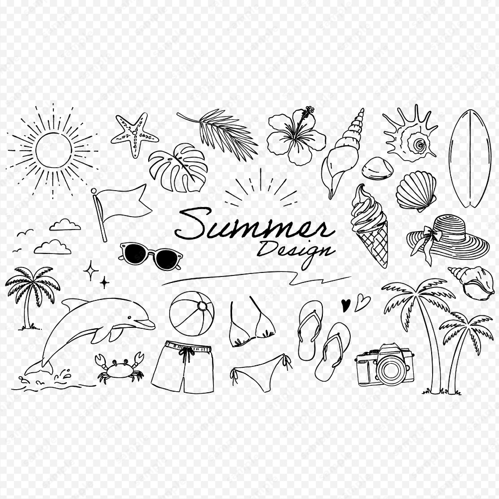 夏のイメージのおしゃれな線画イラストセット