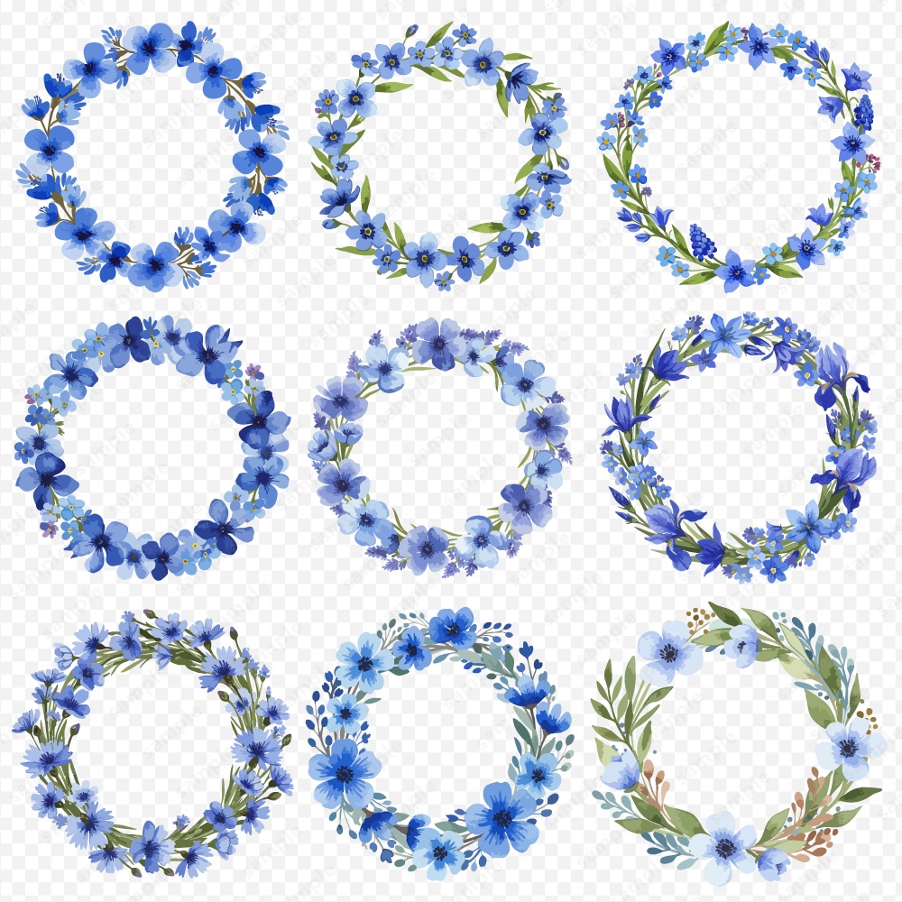 【透過素材】カラフルな水彩風フラワーリース / 花のPNG素材60点セット