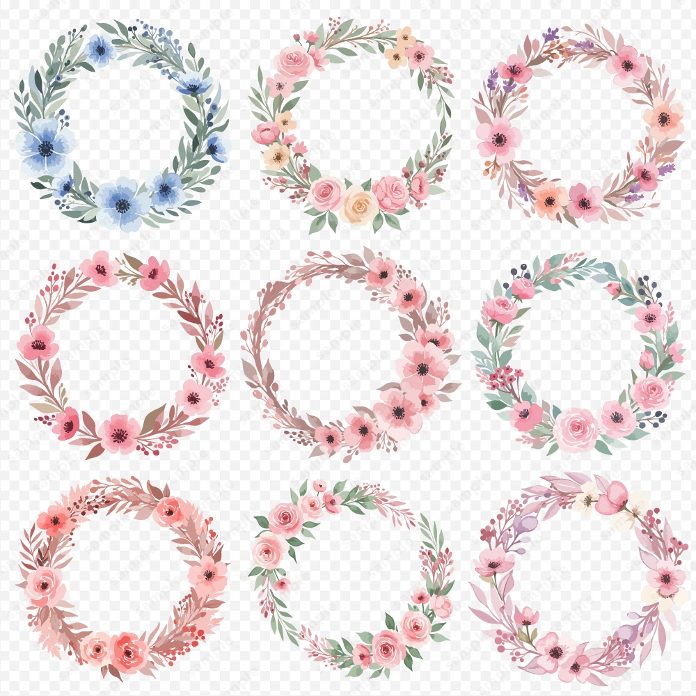 【透過素材】カラフルな水彩風フラワーリース / 花のPNG素材60点セット